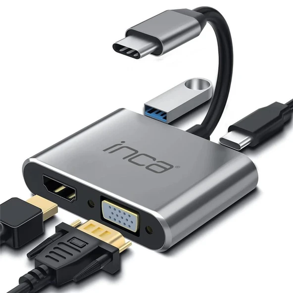 Inca ITPC-06TX USB C 4in1 – HDMI+VGA+USB+Güç Dağıtım Adap 4K@30Hz HDMI Çoklayıcı 100W PD Güçı ürün görseli 1