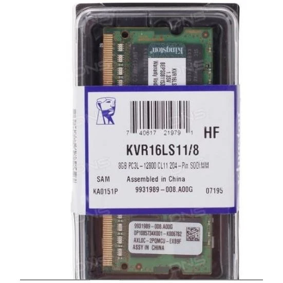 Kıngston 8Gb Ddr3L 1600Mhz Cl11 1.35V Kvr16Ls11-8WP  (Pc3-12800) Notebook Ram ürün görseli 1