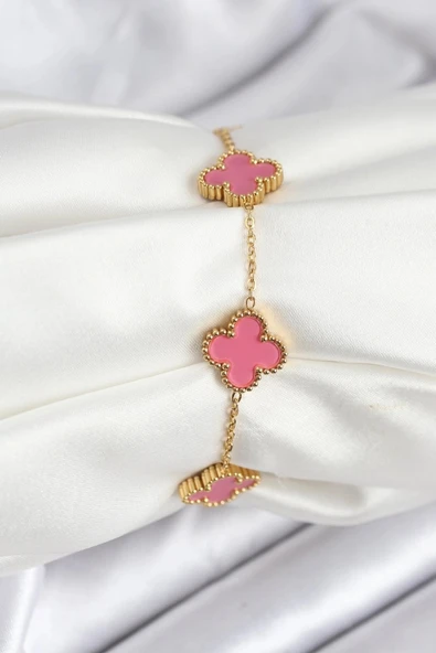 316L Çelik Gold Zincir Pembe Yonca Renk Bileklik ürün görseli 1