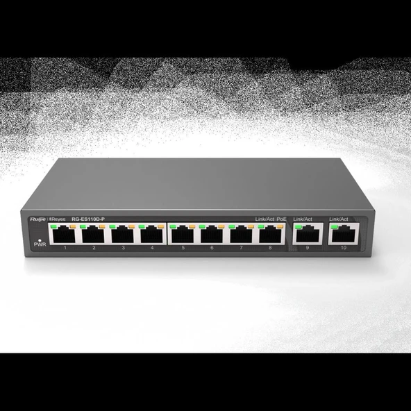 Ruijie-Reyee RG-ES110D-P 8 Port Poe+ 10-100 Mbps 2 Port 10-100-1000 Mbps Uplink Switch Çelik Kasa ürün görseli 1