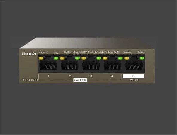 Tenda G0-5G-PoE 5 Port 4 Port Poe+ 10-100-1000 Switch Çelik Kasa POE Router ürün görseli 1