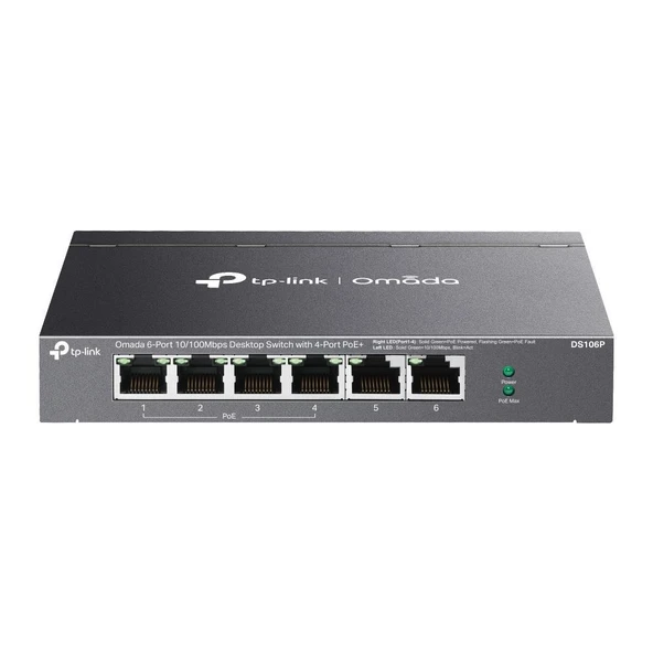 Omada Tp-Link DS106P 4 Port 10-100 Poe+ 2 Port 10-100 Mbps Uplink Switch Çelik Kasa Rack Mount ürün görseli 1