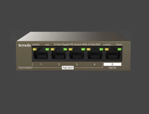 Tenda TEG1105PD 5 Port 4 Port Poe+ 1 Port Poe+ İN 10-100-1000 Switch Çelik Kasa Rack Mount ürün görseli 1