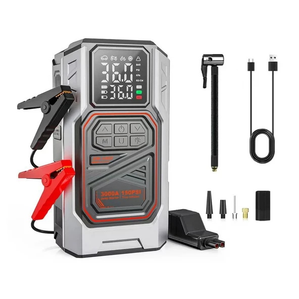 Harvox Akü Takviye Cihazı | 4'ü 1 Arada Powerbank, Hava Kompresörü, LCD Ekran, 10.000mAh 150PSI ürün görseli 1