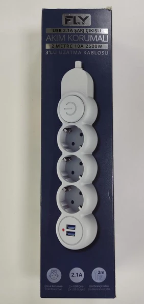 Fly 3393-01 3lü 2mt 2.1A Anahtarlı 2Usb Şarj Çıkışlı Akım Korumalı 2500w ürün görseli 1
