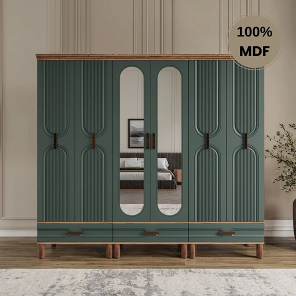 Zen 6 kapak MDF ayaklı tasarım aynalı country gardırop ürün görseli 1