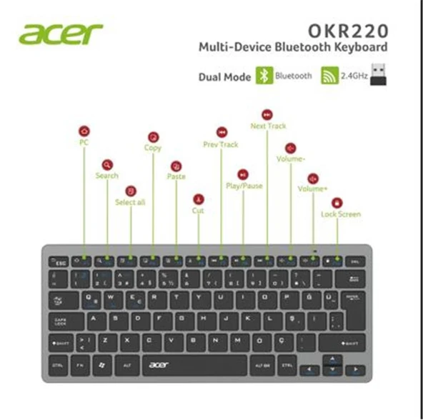 Acer OKR220 Siyah MultiDevice Dual Mode 2.4GHZ Bluetooth Klavye (Smart Tv)(Android) ürün görseli 1