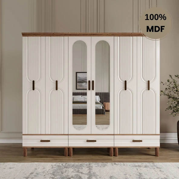 Zen 6 kapak MDF ayaklı tasarım aynalı country gardırop ürün görseli 1