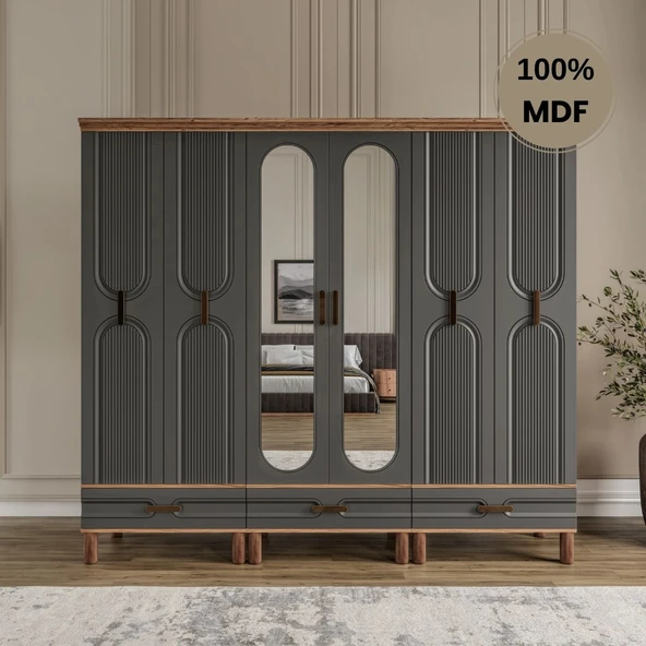 Zen 6 kapak MDF ayaklı tasarım aynalı country gardırop ürün görseli 1
