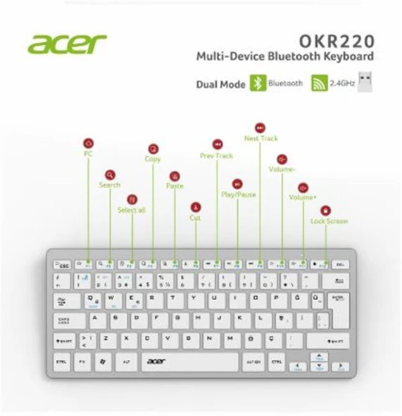 Acer OKR220 Beyaz MultiDevice Dual Mode 2.4GHZ Bluetooth Klavye (Smart Tv)(Android) ürün görseli 1