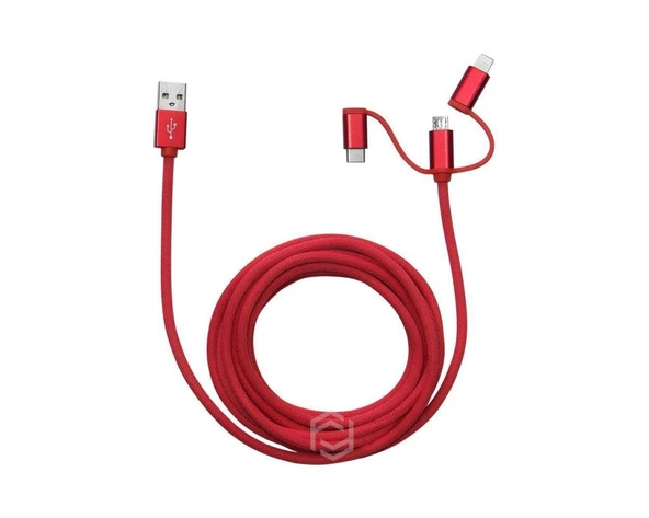 Frisby FA-7558UC 3mt Örgülü USB Data - Şarj Kablo 3in1 (iOS-Android-Type-C) Kırmızı ürün görseli 1