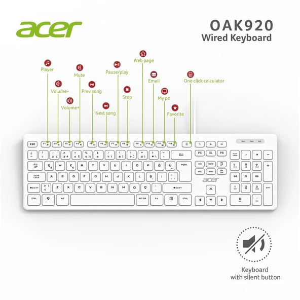 Acer OAK920 Q Usb Beyaz 1.8mt Kablolu Klavye-Tek Tuş Hesap Makinalı (Sessiz Tuş) ürün görseli 1