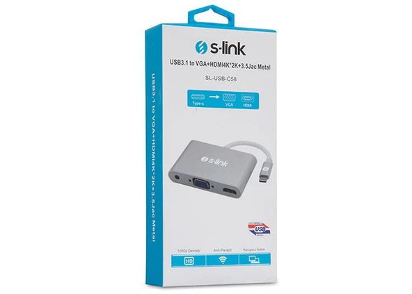 S-link SL-USB-C58 USB3.1 Metal to VGA+HDMI4K-2K+3. ürün görseli 1