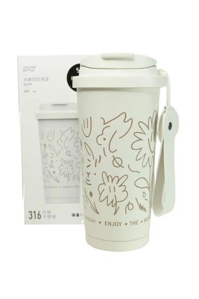 Shotay ST-8913 Çift Kullanım Pipetli/Rahat İçim Beyaz 500ml Çelik Termos ürün görseli 1