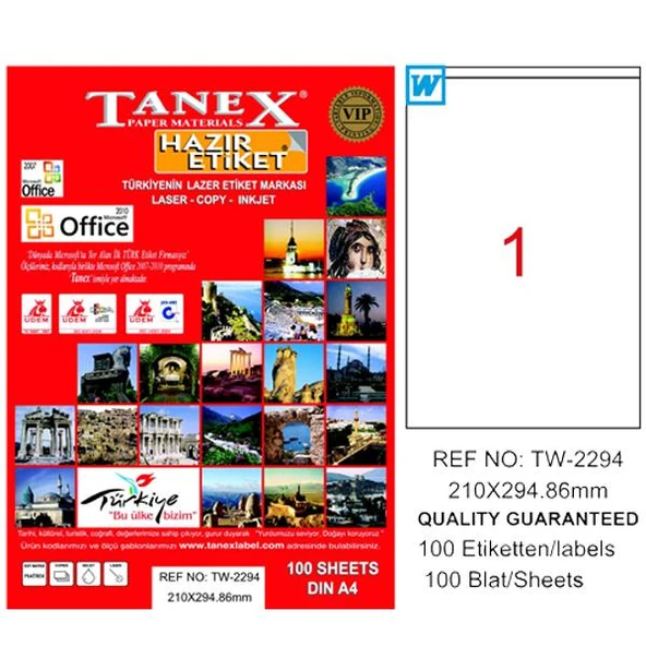 Tanex Laser Etiket 100 YP 210x294,86 Laser-Copy-Inkjet TW-2294 ürün görseli 1
