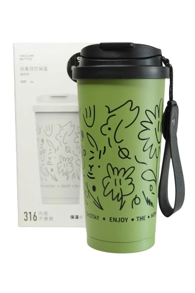 Shotay ST-8913 Çift Kullanım Pipetli/Rahat İçim Yeşil 500ml Çelik Termos ürün görseli 1