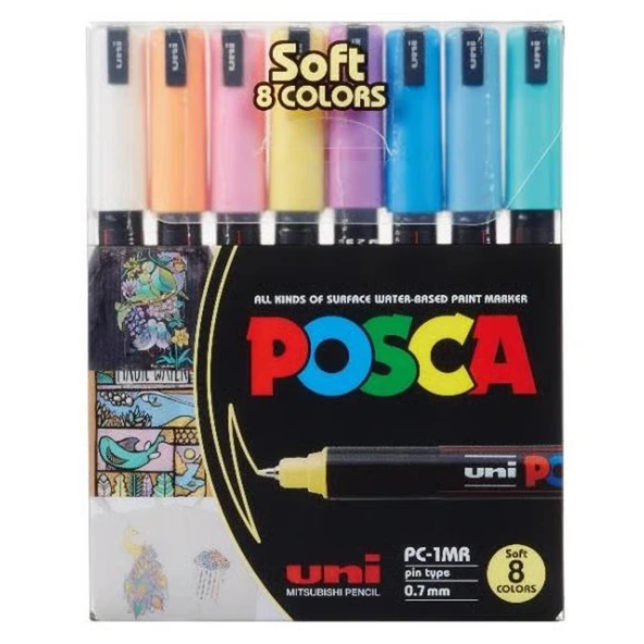 Uni-Ball Posca 0.7 Su Bazlı Poster Markörü Soft Renk 8 Li PC-1MR/8C ürün görseli 1