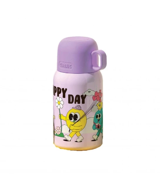 Shotay ST-8817 480ml Askılı Silikon Kılıflı Pipetli Desenli Mor Çelik Matara ürün görseli 1