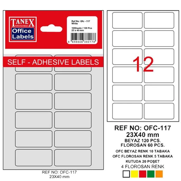 Tanex Ofis Etiketi Poşetli 23x40 MM Beyaz OFC-117 ürün görseli 1
