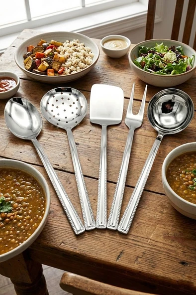 5li Çelik Spatula Servis Kaşığı Çatalı Kevgir Kepçe Takımı Seti İnci ürün görseli 1