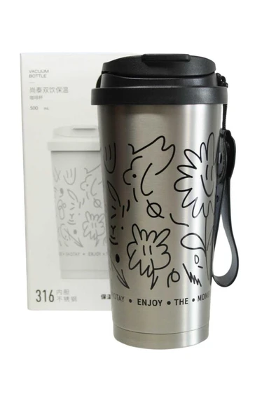 Shotay ST-8913 Çift Kullanım Pipetli/Rahat İçim Gri 500ml Çelik Termos ürün görseli 1