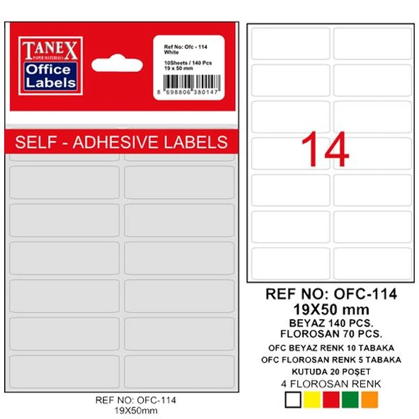 Tanex Ofis Etiketi Poşetli 19x50 MM Beyaz OFC-114 ürün görseli 1
