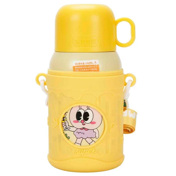 Shotay ST-8817 480ml Askılı Silikon Kılıflı Pipetli Desenli Sarı Çelik Matara ürün görseli 1