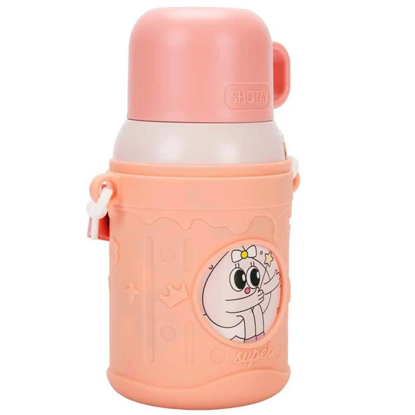 Shotay ST-8817 480ml Askılı Silikon Kılıflı Pipetli Desenli Pembe Çelik Matara ürün görseli 1