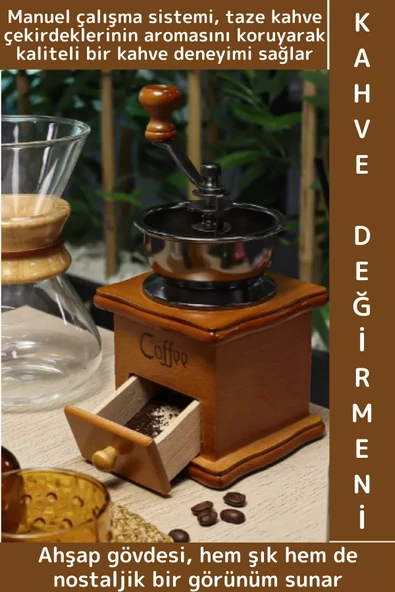 Premium Çok Şık Çelik Değirmenli Taze Aroma Koruyucu Nostaljik Görünüm Manuel Ahşap Kahve Değirmeni ürün görseli 1