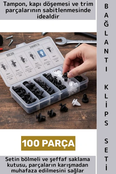 Oto Tampon Çamurluk Kaput Bagaj Kapı Döşeme Çok Amaçlı Plastik Bağlantı Perçin Klips Seti 100 Parça ürün görseli 1