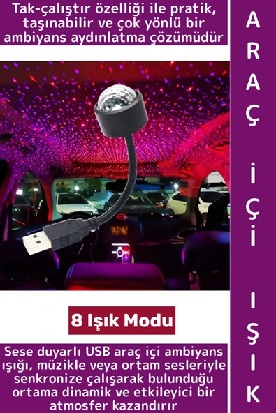 Ev Ofis Kamp 8 Farklı Işık Modu Sese Duyarlı Pratik Tak Çalıştır Çok Şık USB Araç İçi Ambiyans Işığı ürün görseli 1