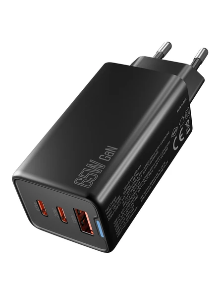 Hytech Hy-Xeg65 2-Usb-C + Usb-A Gan Pd 65W - Qc 18W Type Pd-Pps Siyah Ev-Notebook Şarj Adaptör ürün görseli 1