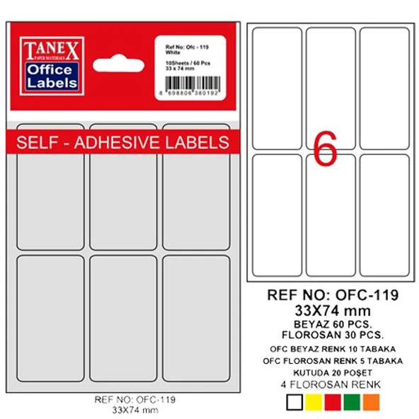 Tanex Ofis Etiketi Poşetli 33x74 MM Beyaz OFC-119 ürün görseli 1