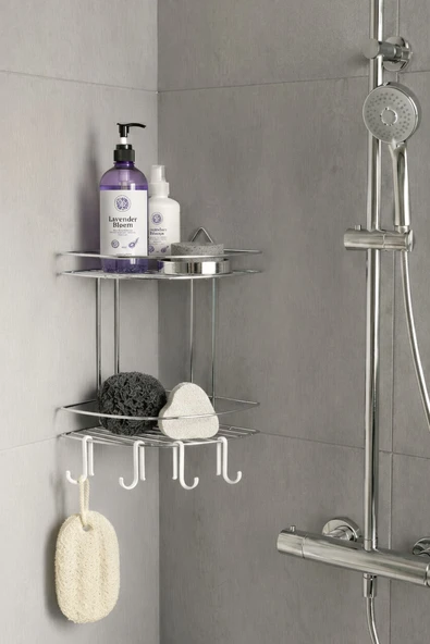 Banyo Köşe Rafı Askılı Duş Organizeri ve Şampuanlık 2 Katlı Krom EK-02 ürün görseli 1