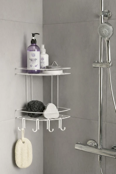 Banyo Köşe Rafı Askılı Duş Organizeri ve Şampuanlık 2 Katlı Beyaz EK-02 ürün görseli 1