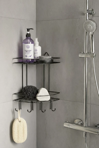 Banyo Köşe Rafı Askılı Duş Organizeri ve Şampuanlık 2 Katlı Siyah EK-02 ürün görseli 1