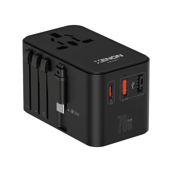Xenon Smart Priz Dönüştürücü | 70W GaN Hızlı Şarj, 200+ Ülke, Dahili USB-C Kablo, USB-C, 2x USB-A (X6411) ürün görseli 1