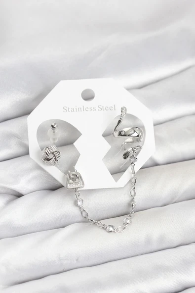 Pirinç Gümüş Renk Yılan Model Zincir Bağlantılı Ear Cuff Küpe Seti ürün görseli 1