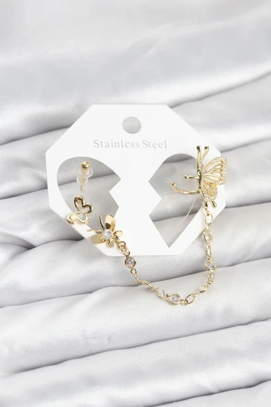 Kelebekli Model Pirinç Gold Renk Zincir Bağlantılı Ear Cuff Küpe Seti ürün görseli 1