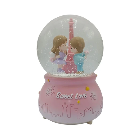 Sweet Love Paris Eyfel Kar Küresi Pembe Müzikli ve Işıklı 13cm ürün görseli 1