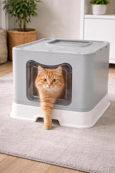 CatMozz JUMBO Kapalı Kedi Tuvaleti Çekmeceli Üstten ve Önden Girişli Kürek Hediyeli ürün görseli 1
