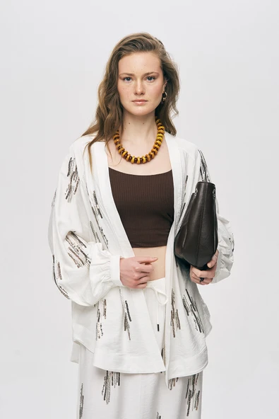 Kadın Glow Payet Ve Boncuk İşlemeli Oversize Viskon Kimono ürün görseli 1