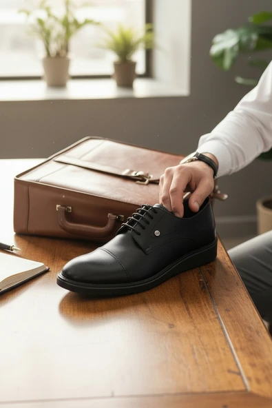 Enoch Erkek Siyah Hakiki Deri Klasik Ayakkabı Pürüzsüz Saya Ve Minimal Metal Logolu Comfort Tabanlı Bağcıklı Model ürün görseli 1