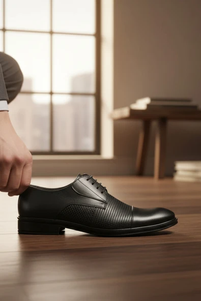Enoch Erkek Siyah Hakiki Deri Klasik Ayakkabı Mikro Perfore Yan Panelli Ve Cap Toe Detaylı Comfort Tabanlı Bağcıklı Model ürün görseli 1