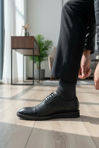 Enoch Erkek Siyah Hakiki Deri Klasik Ayakkabı Mikro Perfore Yan Panelli Ve Rugan Şerit Detaylı Comfort Tabanlı Bağcıklı Model ürün görseli 1