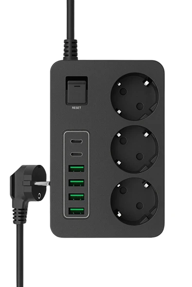 3’lü Akım Korumalı Grup Priz  4 USB  2 USB C Çıkışlı, 2 Metre Kablolu, Çocuk Korumalı, Açma Kapama Anahtarlı ürün görseli 1
