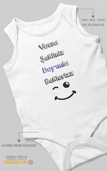 Varsa Şekliniz Dayımla Bekleriz Baskılı Bebek Zıbını – Çıtçıtlı Body | %100 Pamuk Sıfır Kol ürün görseli 1
