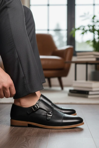 Enoch Erkek Siyah Hakiki Deri Klasik Ayakkabı Çift Tokalı Monk Strap Tasarımlı Ve Mikro Dokulu Panelli Model ürün görseli 1