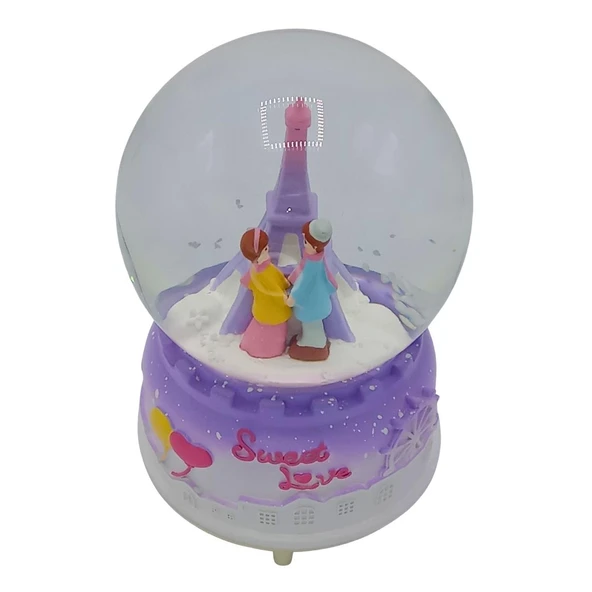 Sweet Love Paris Eyfel Sevgili Kar Küresi Müzikli ve Işıklı Mor 13cm ürün görseli 1