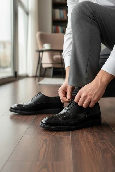 Enoch Erkek Siyah Hakiki Deri Klasik Ayakkabı Parlak Saya Ve Mikro Dokulu Panelli Comfort Tabanlı Bağcıklı Model ürün görseli 1